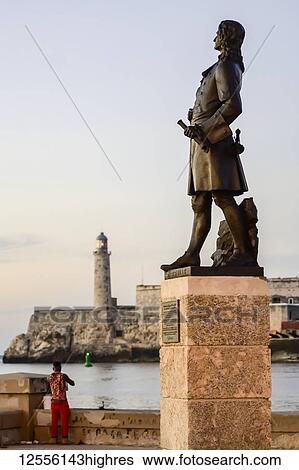 Stock Photograph - Statue of explorer, Morro Castle; Havana, Cuba. Fotosearch