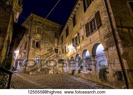 Stock Photograph - The picturesque Medieval town given over to artists known as Groznjan at night; Groznjan, Istria, Croatia. Fotosearch
