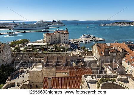 Stock Photograph - View from the top of St Domnius Bell Tower on the Peristyle of Diocletian's Palace; Split, Croatia. Fotosearch