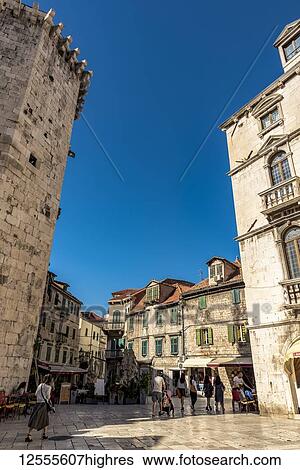 Stock Photograph - View of part of the Octogonal Venetian Tower and Milesi Palace in Fruit Square; Split, Croatia. Fotosearch