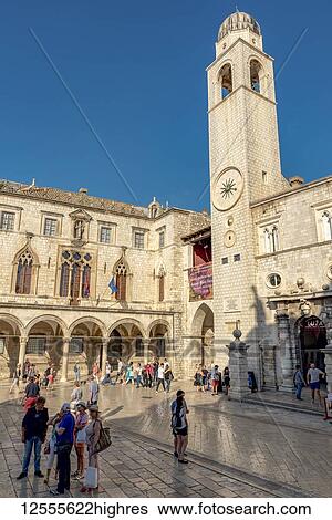 Stock Photograph - View of the Sponza Palace and the City Bell Tower; Dubrovnik, Dubrovnik-Neretva County, Croatia. Fotosearch