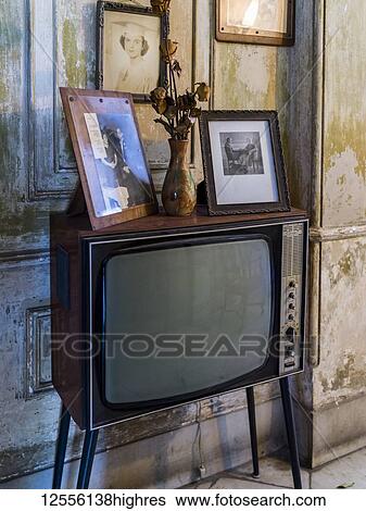 Stock Photograph - Vintage television set in a living room; Havana, Cuba. Fotosearch