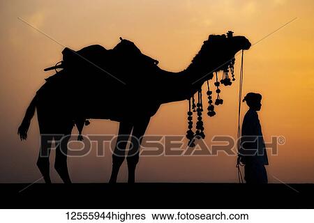 Stock Photograph - Young boy standing with his decorated camel in the desert of Northern India; Rajasthan, India. Fotosearch
