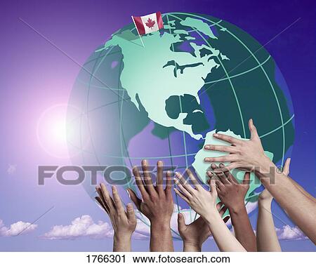 Stock Image - Hands on a globe. Fotosearch