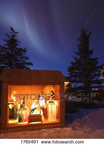 Stock Photography Of Outdoor Nativity Scene Under The Northern Outdoor Nativity Scene Under The Northern Lights