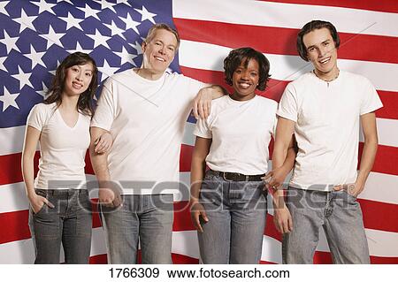 Stock Photo - People in front of American flag. Fotosearch