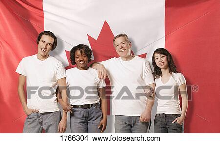 Picture - People in front of Canadian flag. Fotosearch