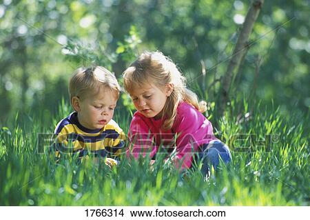 Two children play in the grass View Large Photo Image Picture - Two children play in the grass. Fotosearch