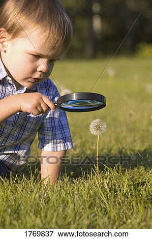 Stock Photo - Young boy with magnifying glass. Fotosearch