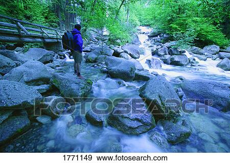 Stock Photo - Walker observing river. Fotosearch