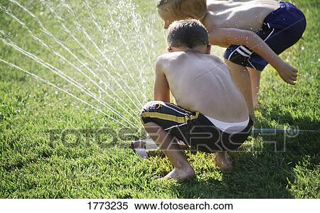 Boys playing with garden sprinkler View Large Photo Image Stock Photography - Boys playing with garden sprinkler. Fotosearch