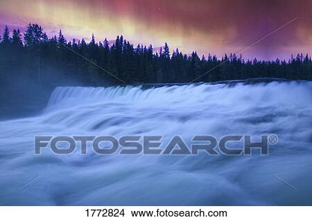 Northern Lights over Dawson Falls, Wells Gray Provincial Park, British Columbia Canada View Large Photo Image Picture - Northern Lights over Dawson Falls, Wells Gray Provincial Park, British Columbia Canada. Fotosearch