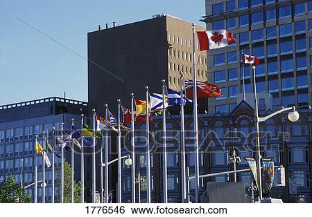 Flags flying outside large buildings View Large Photo Image Stock Photograph - Flags flying outside large buildings. Fotosearch