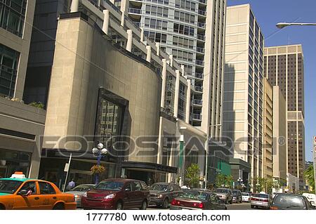 Stock Image - A busy city street and traffic. Fotosearch