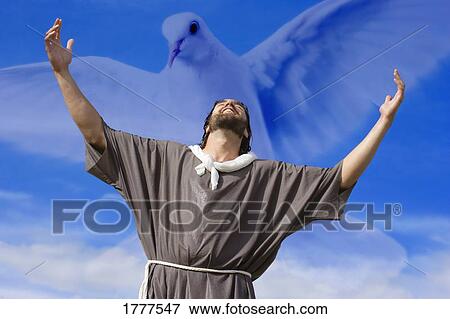 Stock Photo - Man with raised arms, dove in background. Fotosearch