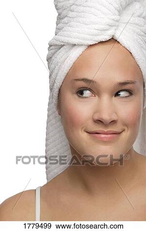 Woman with washed hair View Large Photo Image Stock Photo - Woman with washed hair. Fotosearch