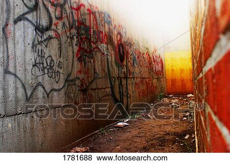 Graffiti and garbage filled alley View Large Photo Image Stock Photo - Graffiti and garbage filled alley. Fotosearch