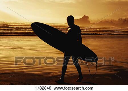 Stock Photo - Silhouette of a surfer on the beach. Fotosearch
