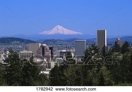 Stock Image - Portland Cityscape with Mount Hood in Background. Fotosearch