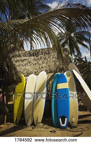 Stock Image - Surf boards leaning by a hut. Fotosearch