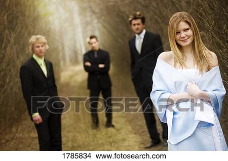 Picture - Young woman and her suitors. Fotosearch
