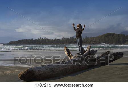 A woman raises her hands on the beach View Large Photo Image Stock Photography - A woman raises her hands on the beach. Fotosearch