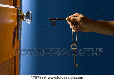 Hand with keys about to open lock View Large Photo Image Stock Photo - Hand with keys about to open lock. Fotosearch