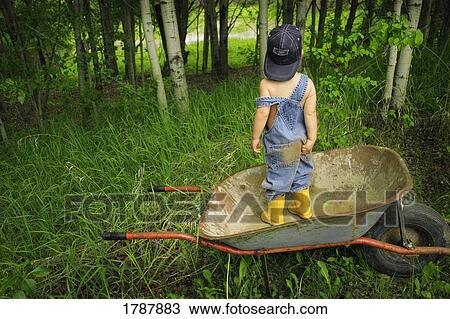 Stock Image - Little boy in a wheelbarrow. Fotosearch