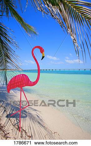 Stock Image - Pink flamingo decoration on tropical beach. Fotosearch