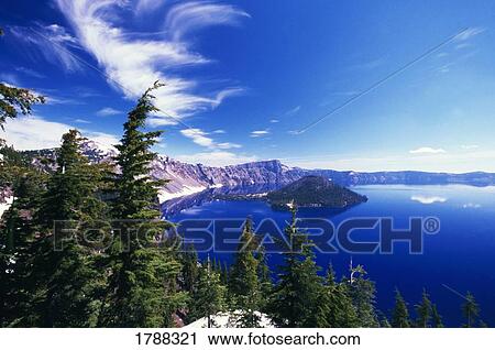 Stock Image - Wizard Island at Crater Lake National Park. Fotosearch