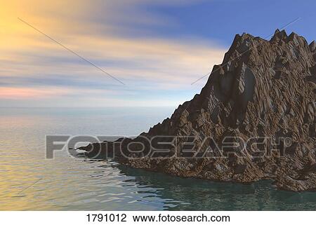 Stock Image - 3D ocean, land and sky illustration. Fotosearch