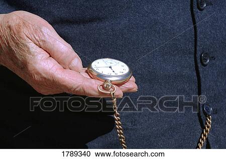 Stock Image - A withered hand holding a pocket watch. Fotosearch