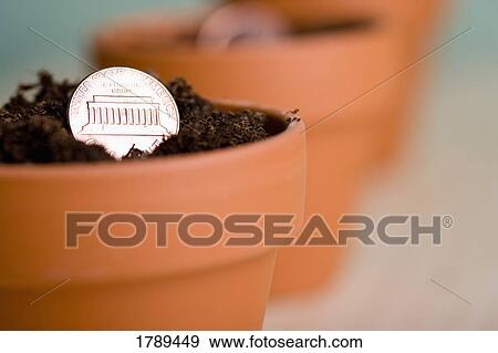 Stock Photo - Closeup of penny in a pot. Fotosearch
