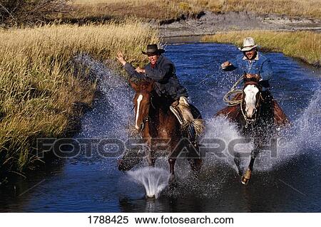 Cowboys galloping through creek View Large Photo Image Stock Photography - Cowboys galloping through creek. Fotosearch
