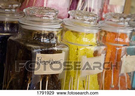 Jars of candy in store View Large Photo Image Stock Photo - Jars of candy in store. Fotosearch