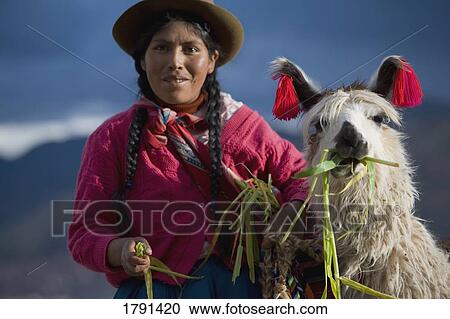 Stock Image - Peruvian woman with a Alpaca. Fotosearch