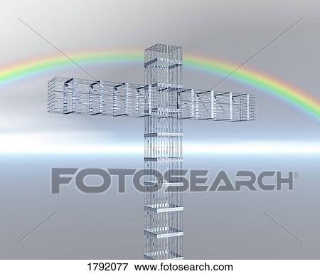 Stock Photo - Rainbow over steel cross. Fotosearch
