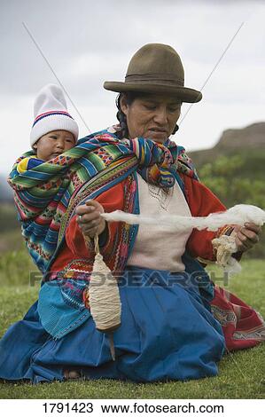 Stock Image - Woman spinning yarn in Peru. Fotosearch