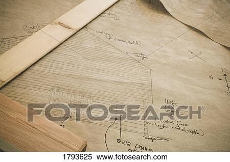 Stock Photography - Antique blueprint and ruler. Fotosearch