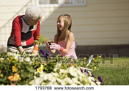 Stock Photo - Grandmother and granddaughter in garden. Fotosearch