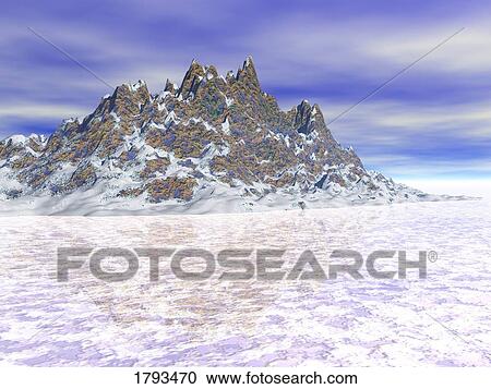 Stock Image - Mountain rising out of snowy plain. Fotosearch