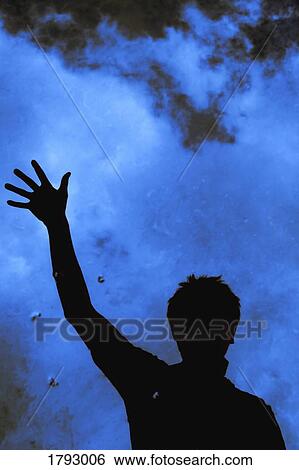 Stock Photograph - Person with hand raised. Fotosearch