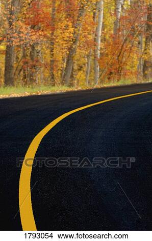 Picture - Road with autumn trees in the background. Fotosearch
