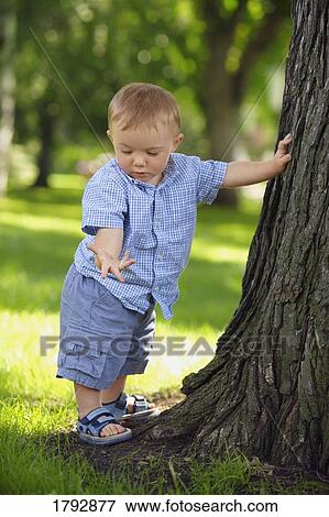 Stock Photo - Toddler leaning against tree trunk. Fotosearch