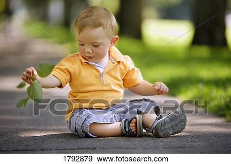 Toddler sitting on sidewalk playing with leaf View Large Photo Image Stock Photo - Toddler sitting on sidewalk playing with leaf. Fotosearch