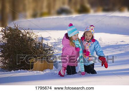 Picture - Girls pulling a toboggan. Fotosearch