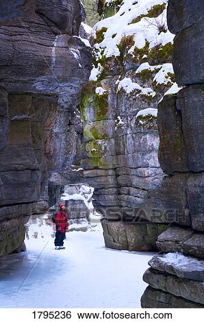 Stock Photograph - Woman exploring Maligne Canyon, Jasper National Park. Fotosearch