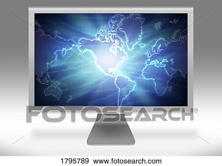 Stock Photo - Computer screen displaying World map. Fotosearch