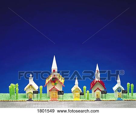 Stock Photo - Candy churches on a candy street. Fotosearch