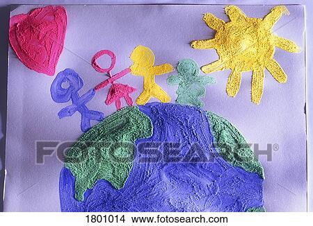 Childrens painting of people on the world View Large Photo Image Picture - Childrens painting of people on the world. Fotosearch